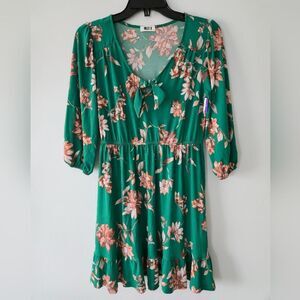 West K Floral Green Mini Dress 3/4 sleeve NWOT